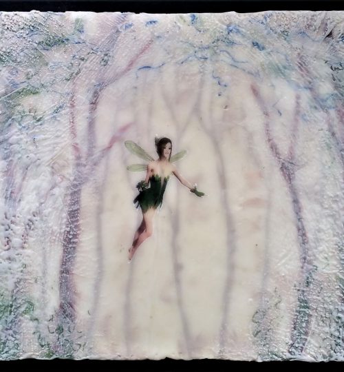 "Woodland Fairy", Unframed, Encaustic and Photo Transfer, 12" x 18" - $100 + sh